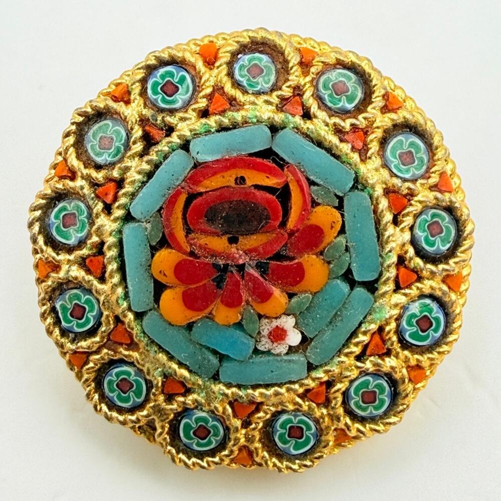 Vintage Micro Mosaic Brooch Pin Bouquet Red Yellow Roses Blue Tile Italy style